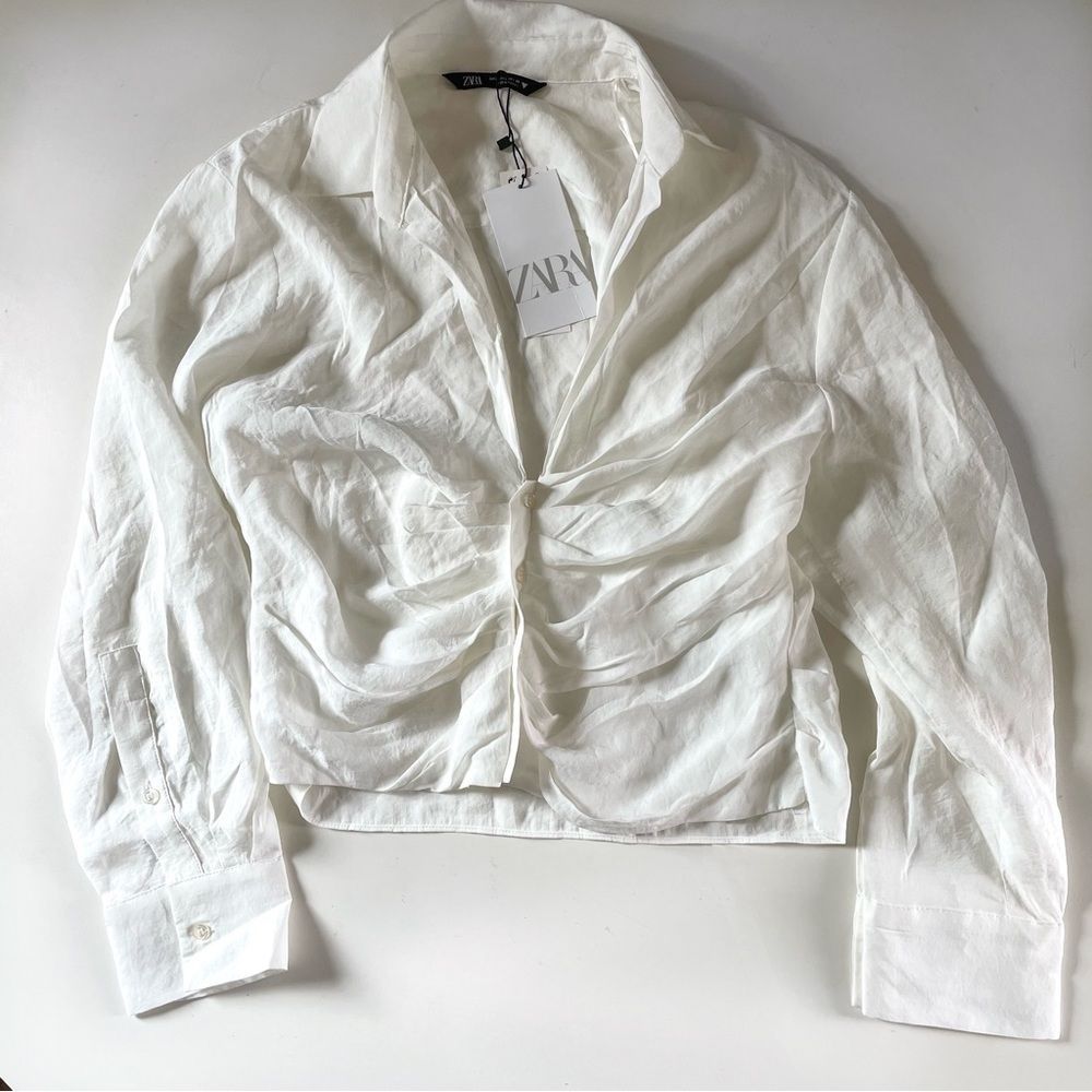 NWT ZARA White Ruched Blouse Top Large